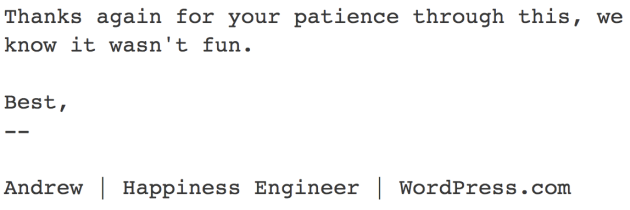 E-mail from the Happiness Engineer at WordPress